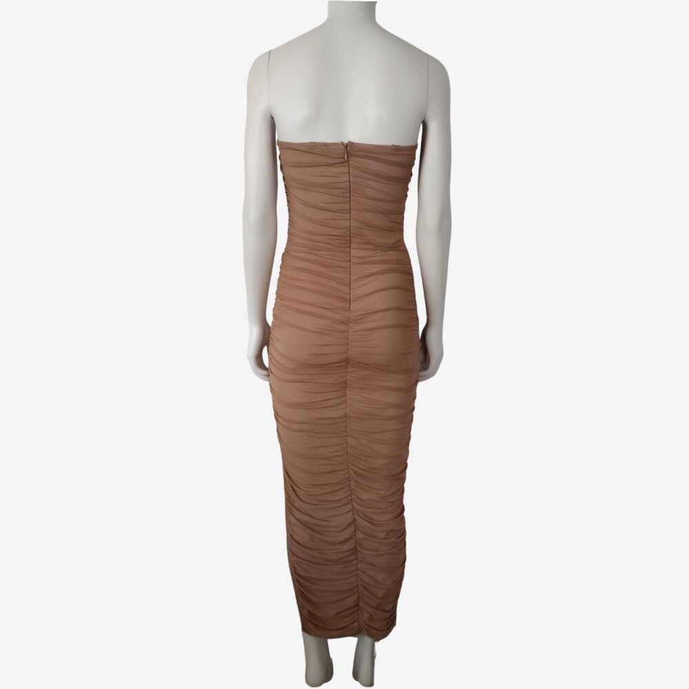 Fashion Nova Tan Mesh Ruched Side Slit Maxi Tube Dress Size S - Picture 5 of 13